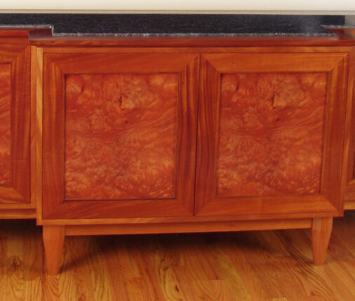 Mahogany Credenza, Pelin Burl Veneer Inset, Blue Pearl Granite Top